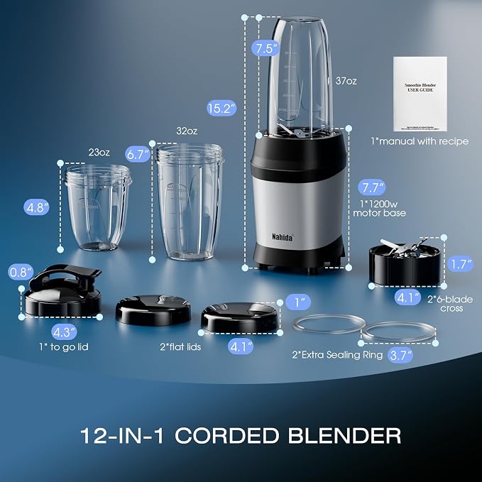 Nahida Blender for Smoothies, 1200W Smoothie Blender for Ice Crushing, Blenders with (2) 6-Fin Blades, Personal Blenders for Kitchen with 23oz, 32oz, 37oz Easy Go Cups for Juices, Silver