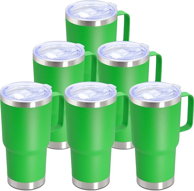 20 oz Tumbler with Handle Coffee Tumblers with Lid Travel Mug Green 6P | 20oz Tumblers with Handle Double-Wall Insulated Vacuum Coffee Mugs Stainless Steel Tumbler with Handles&Lid Green 6P