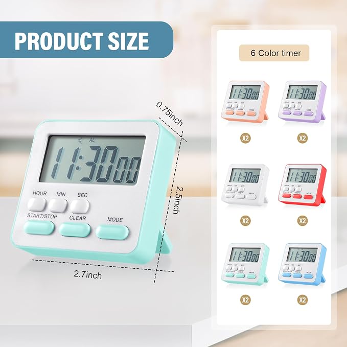 Weewooday 12 Pcs Digital Kitchen Magnetic Timer Bulk Classroom Count up Countdown Egg Timer Cute Desk Stopwatch for Back to School Teacher Kids Cooking Office(Pastel Colors,Classic Style)