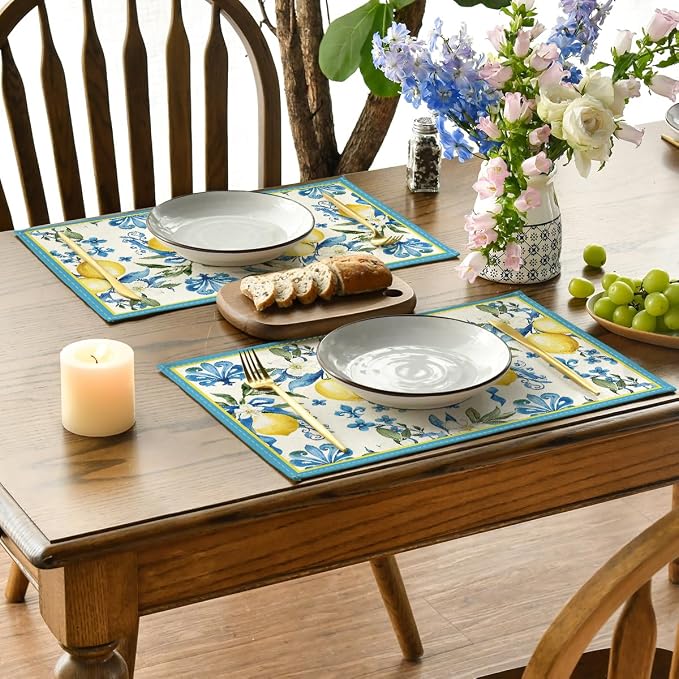 Artoid Mode Blue Lemon Iris Summer Placemats Set of 4, 12x18 Inch Seasonal Table Mats for Party Kitchen Dining Decoration