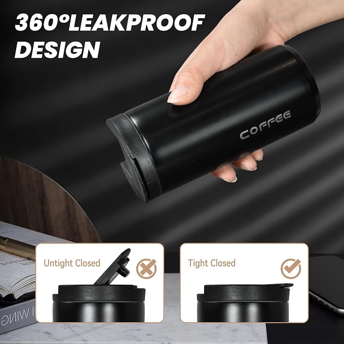 Insulated Coffee Mug 14oz,Travel Coffee Tumbler,Vacuum Insulated Coffee Mug with Leak Proof Screw Lid Coffee Cup for Men and Women for Hot & Cold Drinks, 400ml, Black