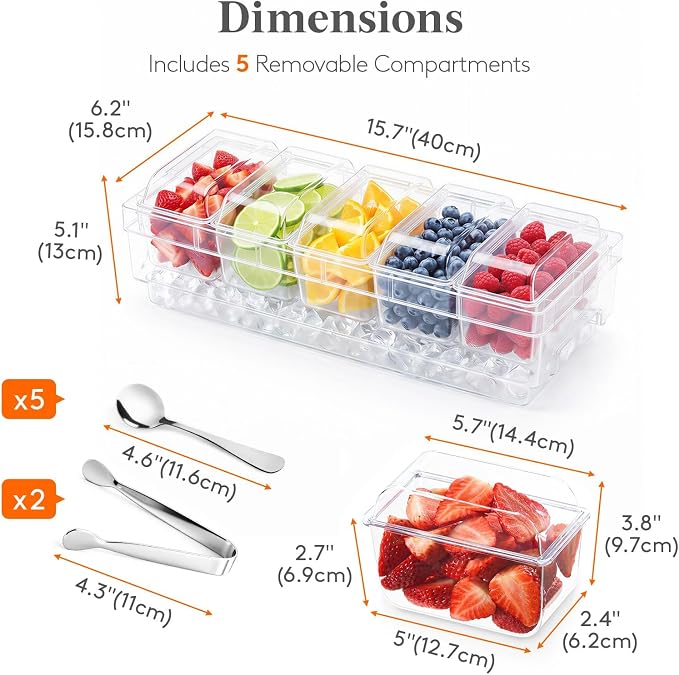 Lifewit Chilled Condiment Caddy with Stainless Steel Spoons & Tongs | Handle Design, BPA-free Condiment Server with 5 Removable Containers, Ice Garnish Tray for Taco, Mimosa & Dirty Soda Bar