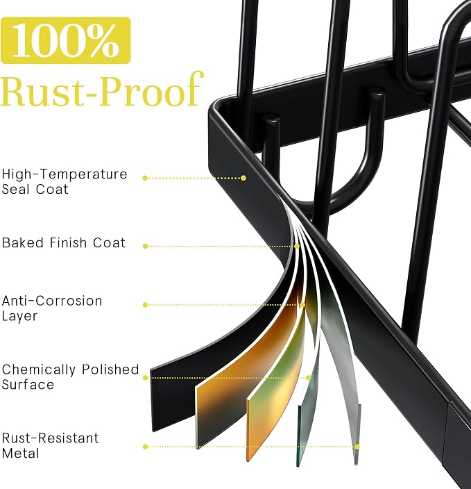 Compact Stainless Steel Dish Drainer & Dish Mat Set, Black | Rust-proof stainless steel dish rack with quick-drying, easy-to-clean mat. Fits kitchen counter, apartment or RV.