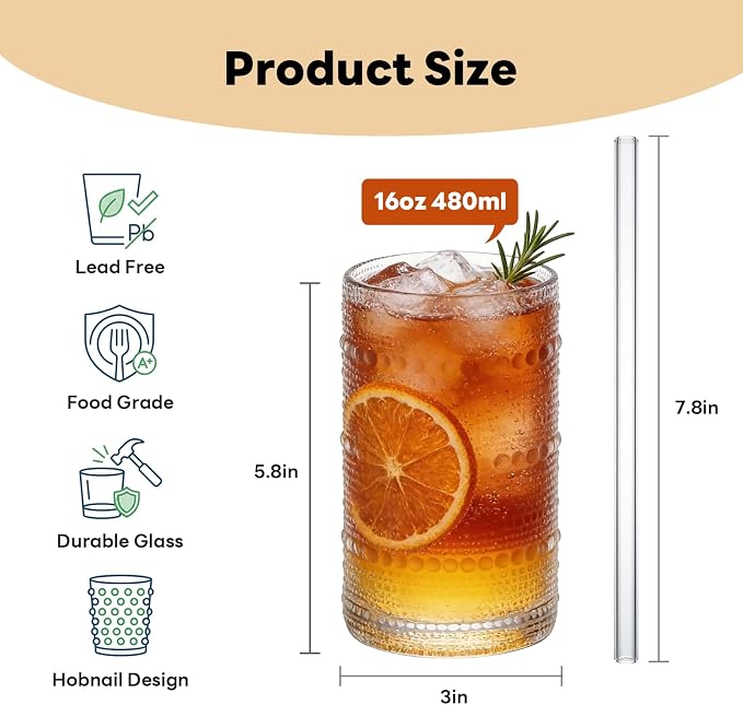 Large Hobnail Drinking Glasses Set of 6, 16oz | Highball Glasses Embossed Water Glass Cups, Kitchen Bar Tumbler Glassware for Cocktail, Juice, Whiskey