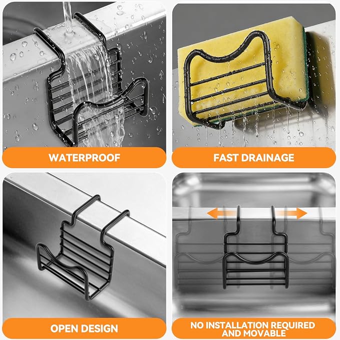 2 Pack Sponge Holder for Kitchen Sink | Movable Hanging Sponge Caddy Organizer, Stainless Steel Caddy in Over Double Bowl Sink for Stopper, Brush