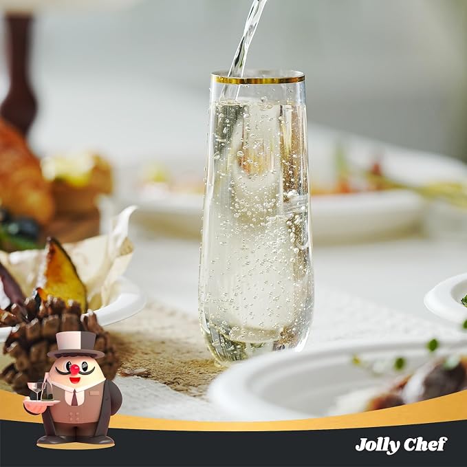 JOLLY CHEF 24 Pack 9 oz Stemless Plastic Champagne Flutes Gold Rim Glasses | Disposable Plastic Toasting Glasses Shatterproof Recyclable, Disposable Unbreakable Drinkware for Party, Wedding, Birthday