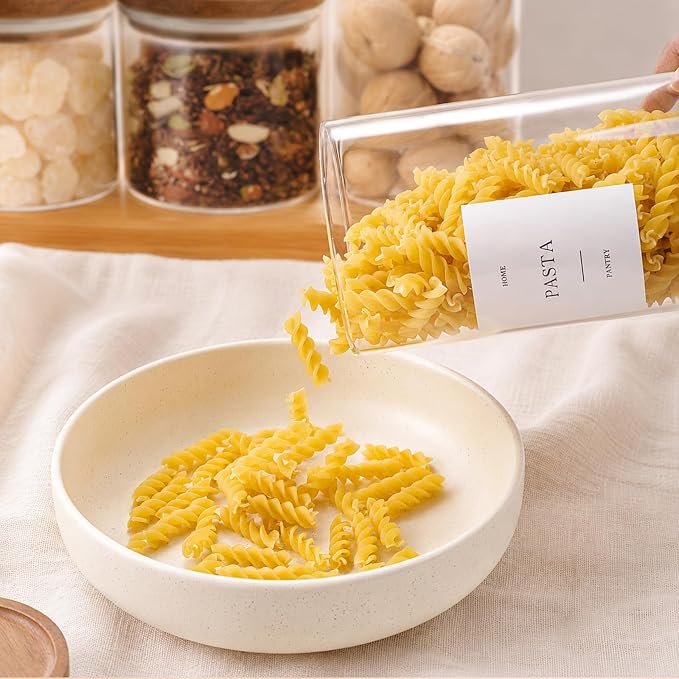 6 Pack Glass Jars with Acacia Lids, 32oz Pantry Airtight Storage Containers | Glass Kitchen Canisters with 105 Labels, Food Storage Containers for Pantry with Wood Lids for Coffee, Tea, Sugar, Pasta