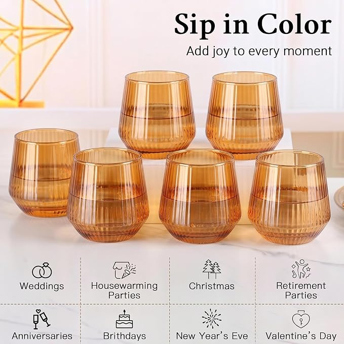 Amber Stemless Wine Glasses Set of 6, 12.5 Oz Lead-Free Ribbed Drinking Glass Cup for Wine, Cocktails, Champagne and Whiskey, Ideal Gifts for Weddings, Bars, Christmas, Halloween,Party, Daily Use