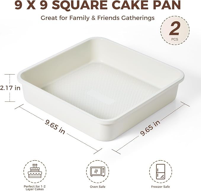 Ceramic 9x9 Baking Pan 2 Pack, Square Cake Pan with Diamond Texture, Aluminized Steel Nonstick Square Baking Pan for Brownies, Cream