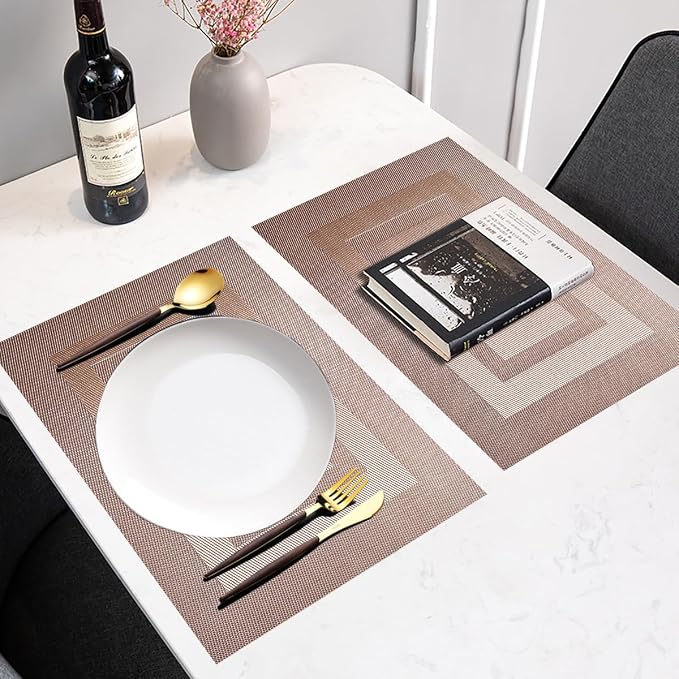 PIGCHCY Placemats Set of 8 Washable Durable Place Mats Vinyl Heat Resistant Non-Slip Table Mats Indoor Outdoor (18 x 12 inches, Champagne)