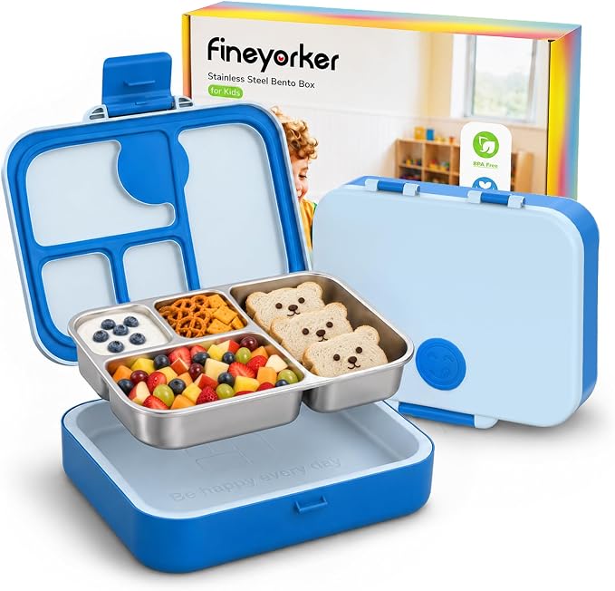 Kids Stainless Steel Bento Lunch Box, 4 Compartments | Leak-Resistant 4 Cups Lunch Container for Ages 4+ with Easy-Open Latch, Removable Seal & Meal Feedback Icon