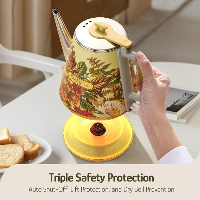 Hazel Quinn X Eduardo Recif Electric Kettle 1L/34oz Small Tea Kettle Floral | 800W Fast Boil, 304 Stainless Steel Interior, Double-Wall Cool Touch, Gooseneck Spout, Auto Shut-Off, BPA-Free Cordless, Home