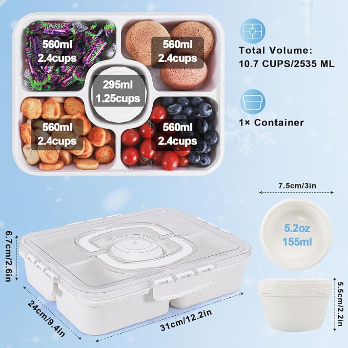 Snackle Box Container with Ice Pack & Insulated Bag - Chilled Snack Tray for Veggie Fruit Snack, Portable Divided Charcuterie with Leak-Proof Clear Lid, Dishwasher Safe, 6+Hrs Cooling