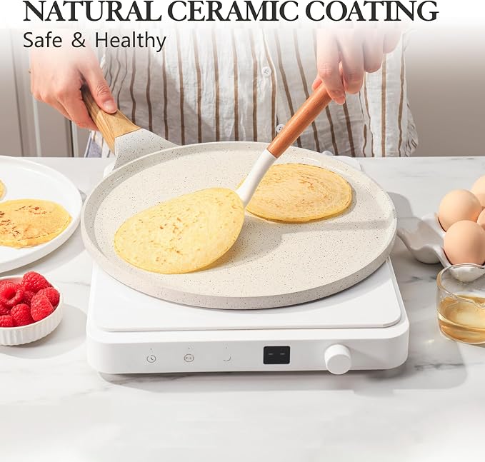SENSARTE 10 Inch Nonstick Crepe Pan Ceramic Coating Pancake Pan White | Natural Ceramic Coating Dosa Pan Pancake Flat Skillet Tawa Griddle with Stay-Cool Handle, Induction Compatible