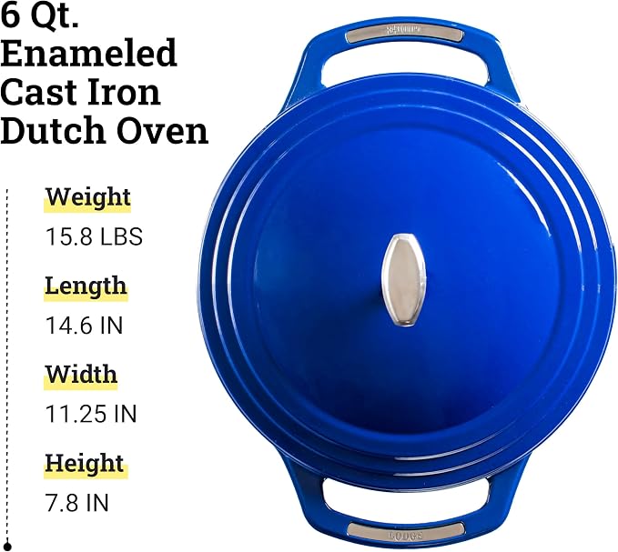 Lodge USA Enamel 6 Qt Enameled Cast Iron Dutch Oven - Cast Iron Cookware - Dutch Oven Pot with Lid - Smoothing Sailing Color - 6 Qt Capacity
