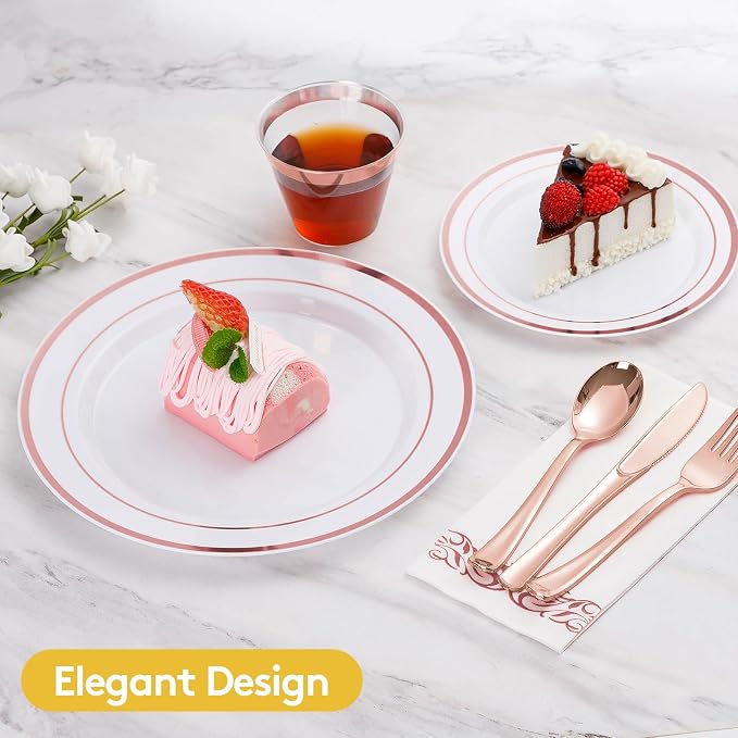 175 Pcs Rose Gold Disposable Party Dinnerware Sets for 25 Guests | Plastic Plates Disposable Include: 25 Dinner Plates, 25 Dessert Plates, 25 Paper Napkins, 25 Cups, 25 Silverware Set