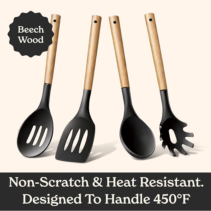 Country Kitchen Non Stick Silicone Utensil Set with Rounded Wood Handles for Cooking and Baking, 8 Piece Set, Black