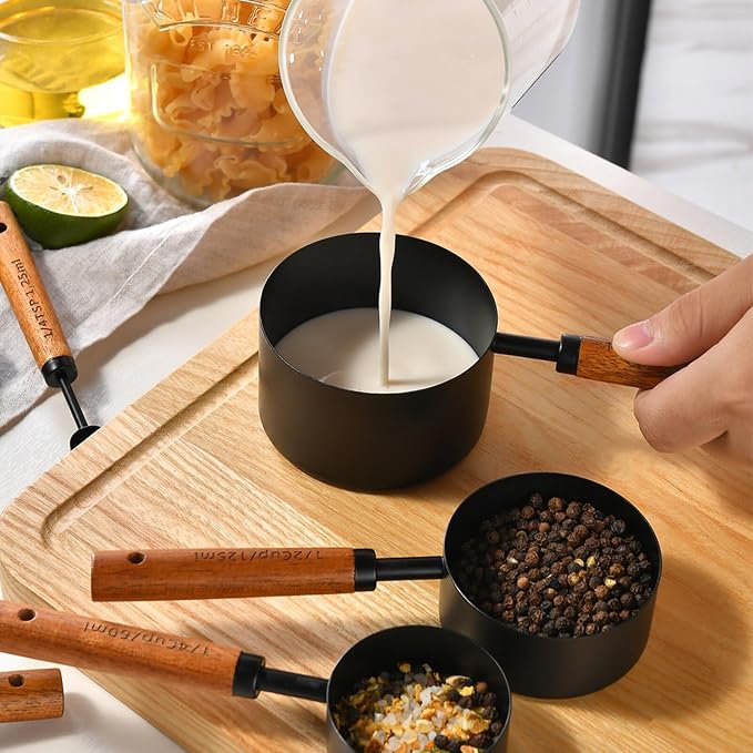8pc Steel Measuring Set Nonstick Cups Spoons Wood Handle Markings | Food-grade anti-rust stainless steel nonstick easy-clean engraved dual markings hanging wooden handle for baking cooking