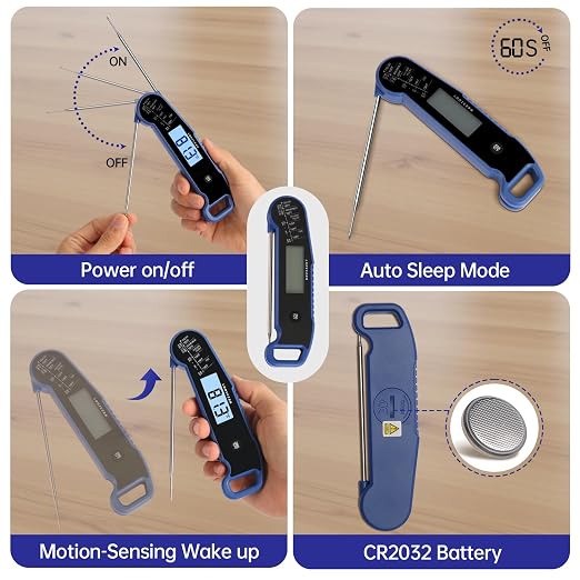 Lonicera Instant-Read Meat Thermometer, 1-Second, IP67 Waterproof, Blue | Thermocouple sensor delivers readings in 1 second with ±0.9°F accuracy, plus IP67 waterproofing, auto-rotate and wake