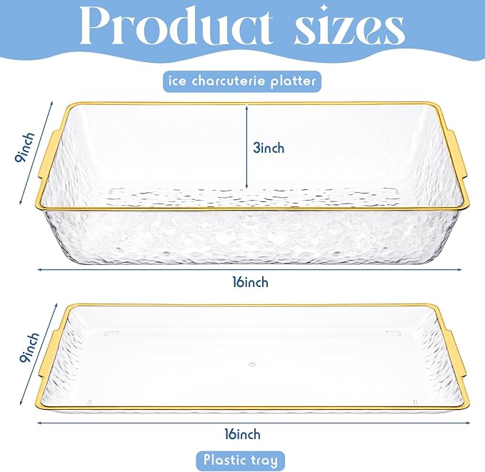 4 Set 16" x 9" Chilled Serving Tray with Compartments,Gold Rim | Ice Chilled Party Platter, Charcuterie Serving Board, Cold Dish Dip Tray for Fruit, Seafood, Vegetable, Appetizer