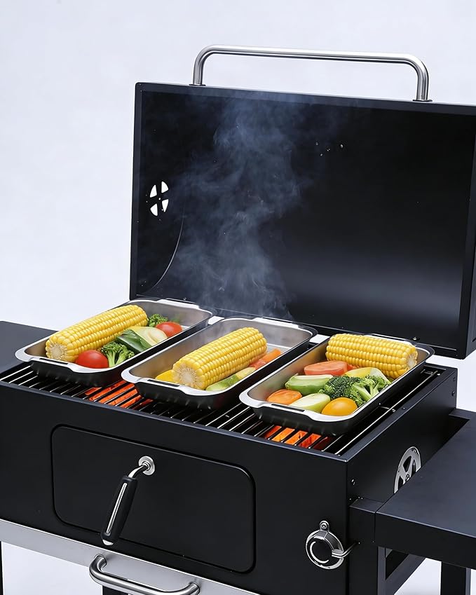 VIKEYHOME Grill Carry System, 6-Piece Stainless Steel Large Food Prep Tray, 16.5" x 11" Pan, Outdoor Grill with Cooling Rack for Vegetables, Fish, Meat, Great Grilling Gifts for Men | 16.5" x 11" Pan, Outdoor Grill with Cooling Rack for Vegetables, Fis...