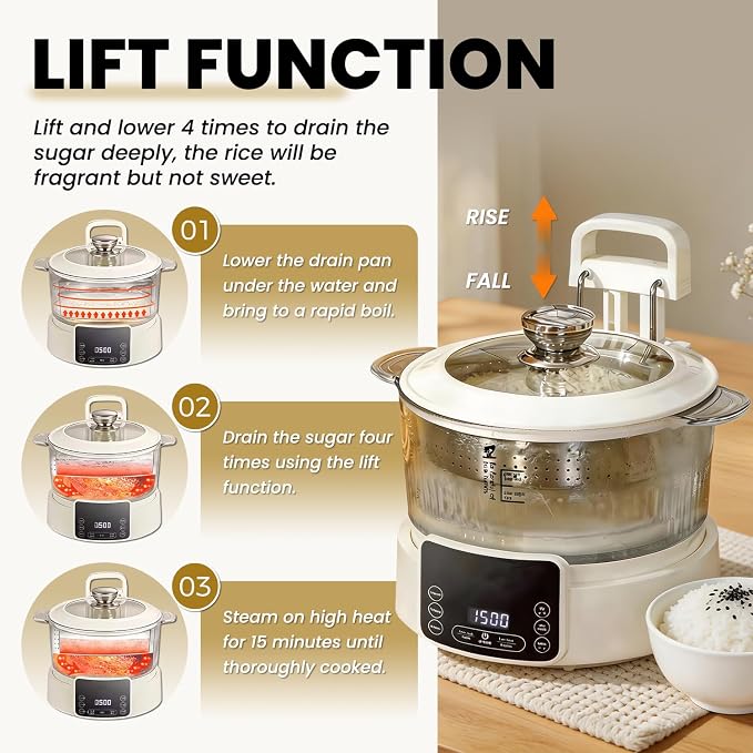 Low Carb Rice Cooker, Multifunction Smart Rice Cooker | Transparent and Visible food Steamer with Auto Lift Filter Basket