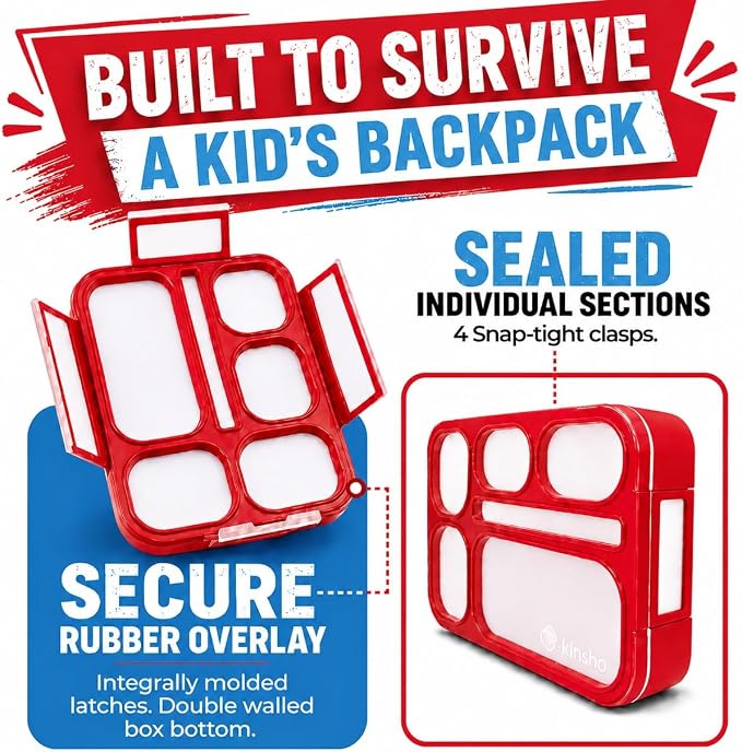 kinsho Bento Box Kids Lunch-Box, Snack Containers for Toddler Daycare, Leakproof School Bentobox 6 Compartment Container for Boys Girls Adults Lunches, Utensils, Red