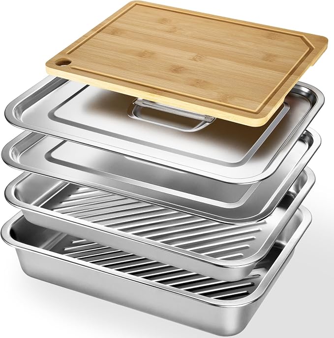 5-in-1 Grill Food Prep BBQ Meat Tray Container and Carry System Accessories | Outdoor Grilling Storage Serving Tray Platter, Stainless Steel Metal Large Meat Marinating Container with Lid Cutting Board