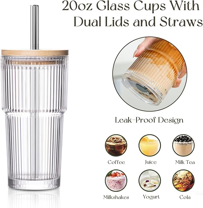 KEMORELA 20oz Ribbed Glass Tumblers with Bamboo Lids & Straws, Boba Cups | Stainless steel straws, bamboo & leak-proof dual lids. 13mm wide straw. Vintage. For boba, iced coffee, smoothies & travel.