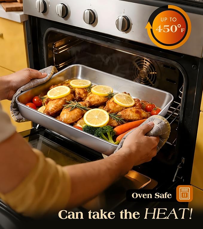 304 Stainless Steel Baking Pan with Lid, 12⅓ x 9¾ x 2 Inch Rectangle Sheet Cake Pans with Covers, Commercial Grade Bakeware for Cakes Brownies Casseroles, Non-toxic & Heavy Duty & Dishwasher Safe