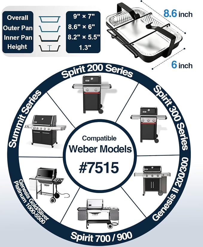 7515 Drip Pan Holder & 20 Liners for Weber Spirit Summit 8.6 x 6 | Catch Pan & Grease Tray Foil Liners for Weber 93305 & 6415, Drip Tray for Weber Spirit, Genesis, Genesis II & Summit Grills