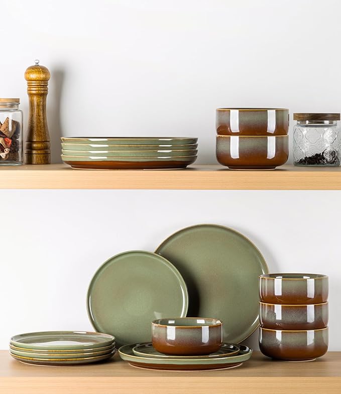 Ceramic Dinnerware Set for 4, 12-Piece Plates and Bowls Set | Handmade Reactive Glaze Dish Set, Scratch Resistant, Oven & Microwave & Dishwasher Safe, Sage Umber