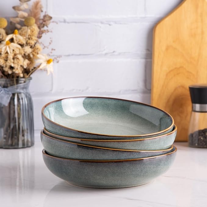 AmorArc 8.5’’ Ceramic Pasta Bowls Set of 4, 36oz Large Stoneware Bowls Set | Large Dinner Serving Bowls Set, Wide Bowl Plate for Pasta,Salad, Soup, Microwave Safe, Reactive Glaze-Ocean Blue