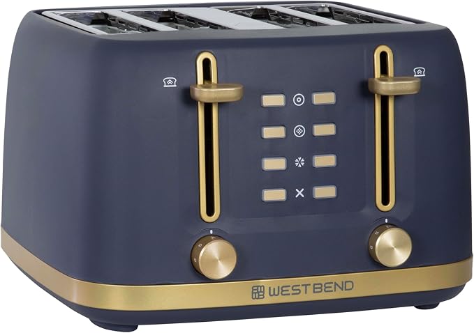 West Bend Timeless 4-Slice Toaster with 7 Browning Levels, Bagel/Waffle/Defrost Settings, High-Lift Lever, Anti-Jam, Easy-Clean Crumb Tray, 4-Slice, Blue/Gold