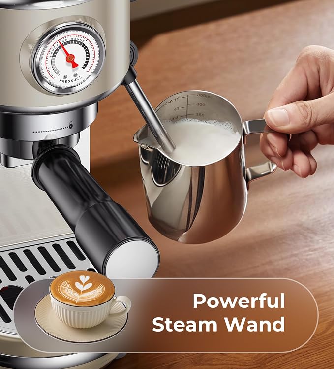 atatix 20 Bar Espresso Machine with Milk Frother, Compact Espresso Maker | Stainless Steel Coffee Machine with Precise Temp Control & 44oz Removable Water Tank for Latte, Cappuccino, Light Grey