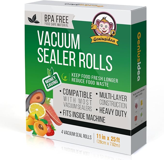 Geniusidea Food Saver Vacuum Sealer Bags 11" x 25'ft 4 Rolls | Commercial Grade,BPA Free,Heavy Duty,For Meal Prep,Sous Vide,Microwave and Freezer Safe,PE+PA