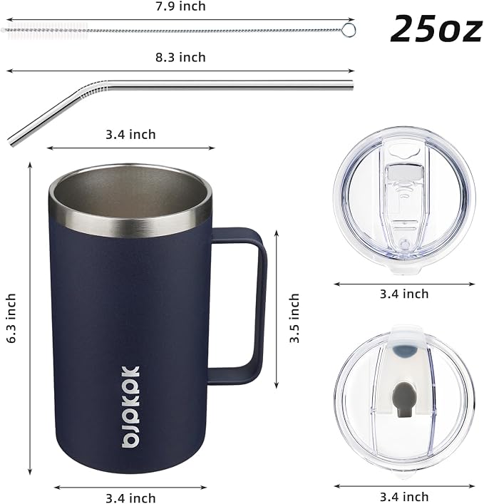 BJPKPK 25oz Insulated Coffee Mug with Handle, Stainless Steel Travel Mug | Keeps Drinks Hot & Cold, Double Wall Vacuum, 2 Lids Included, BPA-Free Coffee Tumbler for Home, Office & Travel
