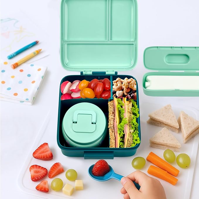 JXXM Bento Lunch Box for Kids with 8oz Soup Thermo,Leak-Proof Lunch Containers with 5 Compartment,Thermo Food Jar Food Containers for School (Blue-Unicorn)