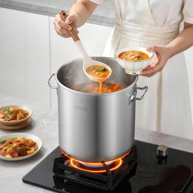 VEVOR Stainless Steel Stock Pot, 21-Quart Stainless Steel Stockpot with Glass Lid, PFOA-Free, PFAS-Free, Compatible with Gas Stoves, Induction Cooktops, Electric Stoves, for Soups, Stews, and Pasta