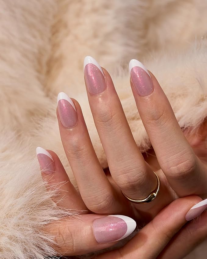 BTArtboxnails XCOATTIPS White French Tip Press On, S Almond, Pink Glitter | Lamp-Curable 4-Week Wear, Salon Quality Value at Home, Natural Nail Look, Easy-to-Apply for Beginners, 96ct Nail Tips Only