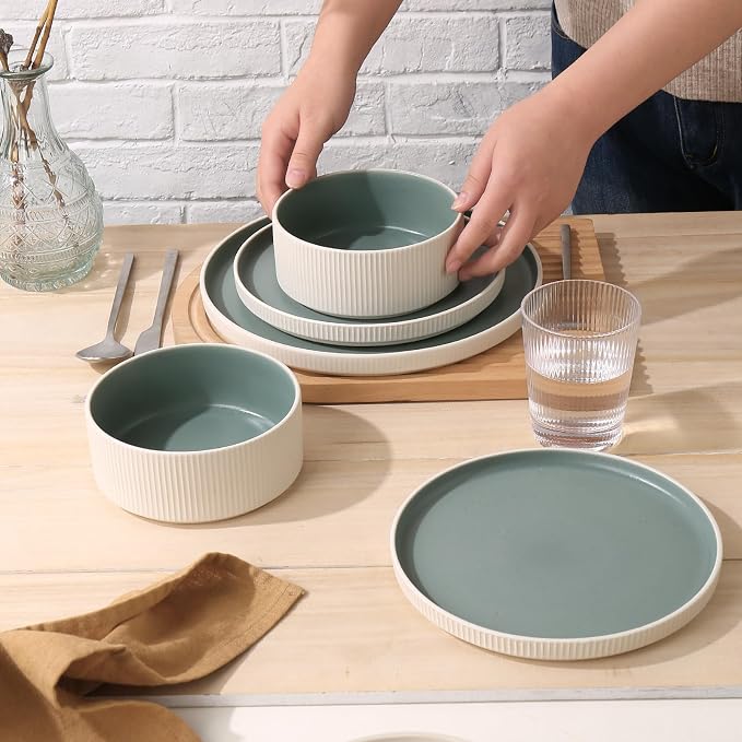 12PCS Ceramic Dinnerware Set for 4,Stoneware Plates and Bowls Sets | Reactive Glaze Dish Set,Scratch Resistant Tableware Set,Reactive Glaze,Microwave & Dishwasher Safe,White Cyan