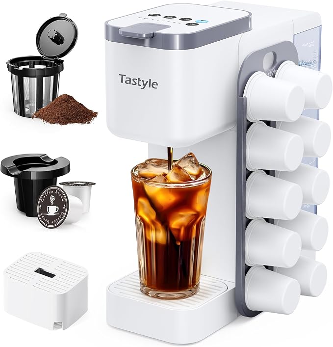 Tastyle Hot & Iced Coffee Maker with Magnetic K-Pod Holder, Fits 7.3'' Mug | Stores 10 Pods, for K Cup & Grounds, Compact for Home, Office & RV, Brew 6-24oz Coffee, 40 oz Removable Tank, K330CH, White