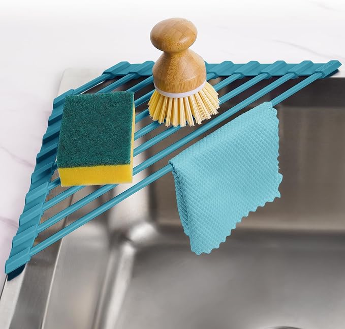 Tomorotec Roll Up Dish Drying Rack with Silicone Coating, Dark Green | 304 Stainless Steel with BPA-Free Silicone, Triangle Design Maximizes Sink Corner Space, Fits Compact Kitchens And RVs