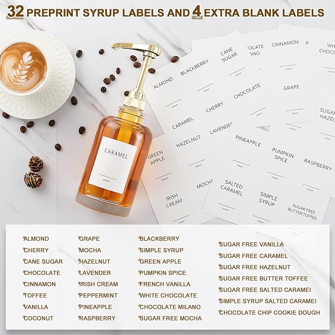 Coffee Syrup Dispenser, Glass Syrup Pump Dispenser for Coffee Bar Accessories, Maple Syrup Bottles with Tray, Simple Syrup Bottles with 1/4oz Large Capacity Gold Pump, 2 Pack 16.9 Fl oz