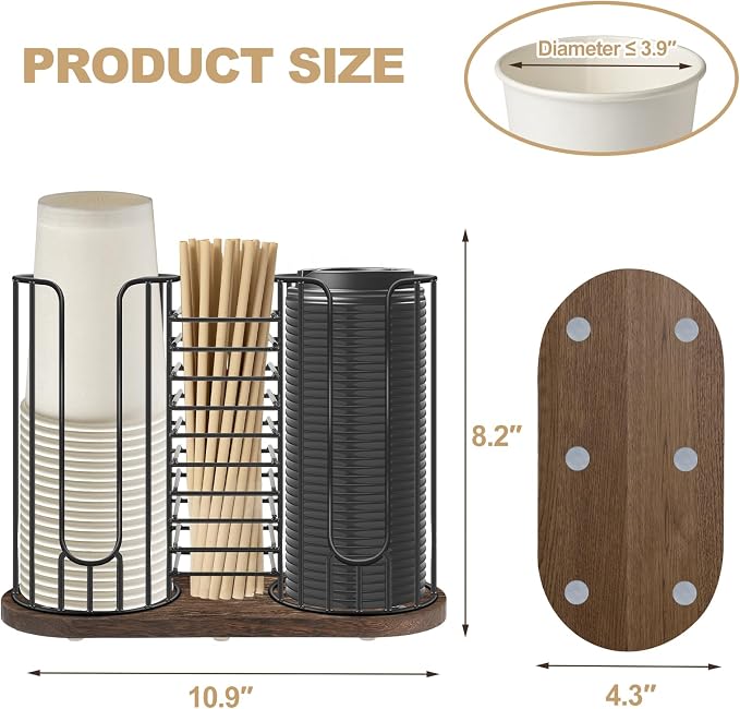 3-Compartment 18oz Coffee Cup Dispenser Rack with Wood Base, Disposable Cup, and Lid Organizer for Countertop - Perfect for Paper Cups, Straws, and Kitchen Cabinet Storage