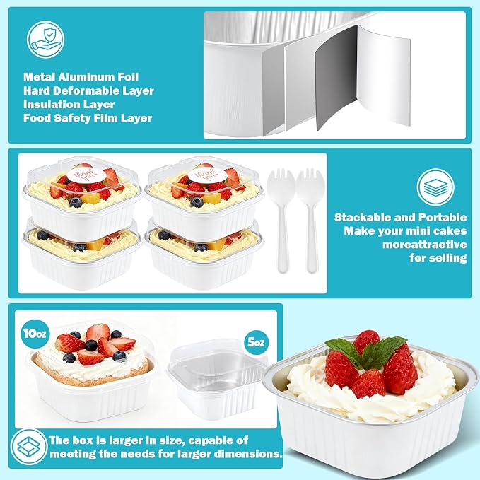 100 Pack White 10oz Pink Mini Cake Pans With Lids, Aluminum Foil Square Brownie Baking Cups,Disposable 4”x4” Large Cupcake Pan,Jumbo Muffin Tin Ramekins Holders