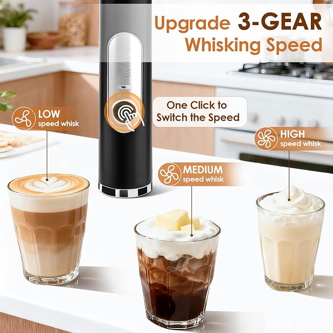 Handheld Milk Frother, Rechargeable Milk Frother, Coffee Mixer Wand, Black | Electric Drink Mixer with 2 Stainless Steel Whisks 3 Speeds, Frother Wand for Latte, Cappuccino, Matcha, Hot Chocolate, Egg