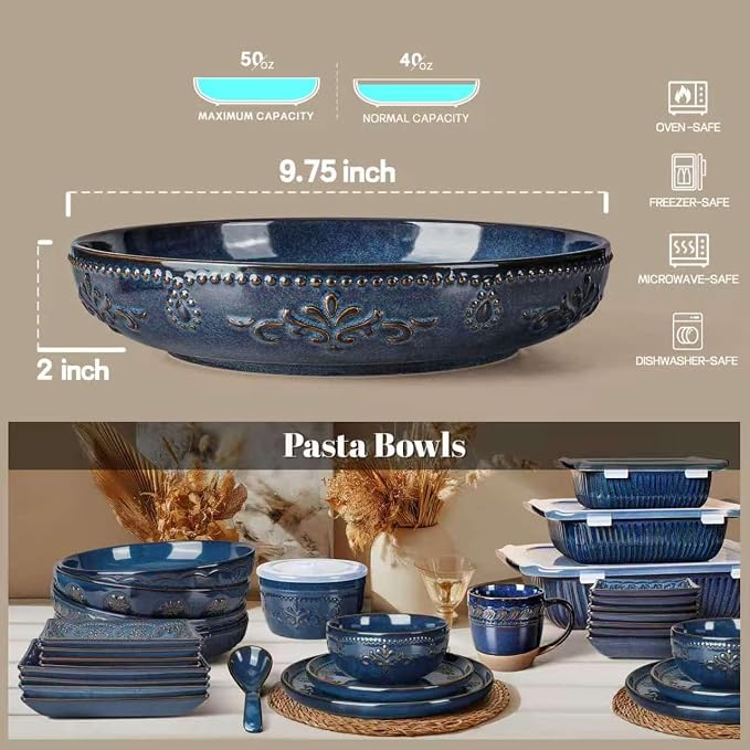 Pasta Bowls, 50oz Large Salad Serving Bowls, 9.75'' Plates Bowls Set of 4, Big Ceramic Soup Bowls for Kitchen, Embossment Shallow Dinner Bowl, Microwave Dishwasher Safe, Multiple Patterns, Blue