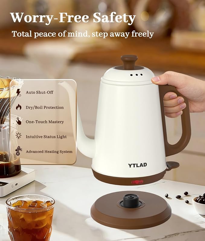 Gooseneck Electric Kettle 1L, 1000W, Pour-Over Coffee & Tea | Precise Flow Spout, 304 Stainless Steel, BPA-Free, Fast Boiling, Auto Shut-Off & Boil-Dry Protection, Retro Design (White)