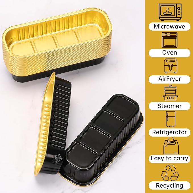 100 Pack 6.8 oz Rectangular Mini Loaf Pans with Lids and Spoons,Disposable Aluminum Foil Mini Cake Pans and Baking Tins with Sealing Stickers, Individual Black Dessert Containers for Parties